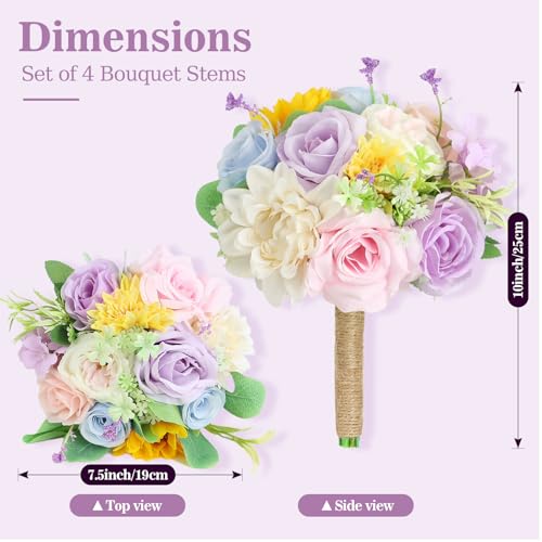 Wildflower Bridesmaid Bouquets 4 Pcs - Pre-Made Spring Artificial Flower Bouquets for Vintage Wedding Bridal Shower Graduations Anniversary Marriage Proposal -7 Inch - color: Wildflower, size: 4pcs Bouquets