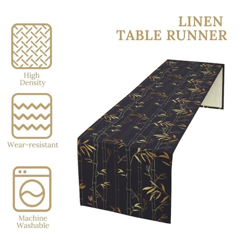 Chinese Bamboo Table Runner Traditional Gold Black Bamboo Art Printed Burlap Runner for Home Kitchen Dining Table Living Room Decor Fabric 1 Panel W13xL36in - color: Bamboo, size: 13"W x 36"H