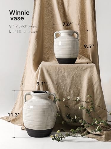 Large White Ceramic Vase - 11.3 Inch Rustic Farmhouse Vase with Handles for Home Decor, Vintage Tall Vases for Living Room, Table, Bathroom, Holiday & Weddings (Aurora White) - color: 11.3 Inch-aurora White