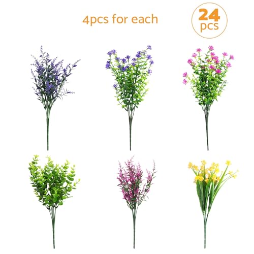 24PCS Artificial Flowers Outdoor, 6 Styles Mixed Fake Flowers for Spring Decor, Shrubs Plastic Flower for Home Decor Indoor Outdoor,Wedding,Party,Office,Garden,Patio,Hotel,Fall Summer Decor - size: 24PCS Mixed Colors
