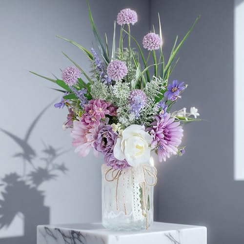 LUEUR Artificial Faux Flowers in Vase-Fake Purple Transvaal Daisy and Dandelion Flowers with Vase for Spring Decor Arrangement Decor Home Coffee Table Decor Dining Room - color: Purple & White
