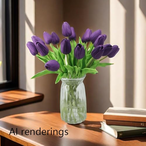 Artificial Flowers 10 Heads Mini Real Touch Artificial Tulip for Home Wedding Party Centerpiece Decoration (Dark Purple) - color: Purple