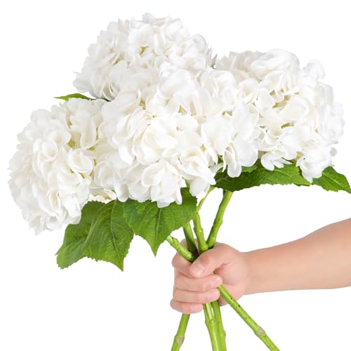 Nubry 4Pcs White Hydrangea Artificial Flowers, 22.5In Latex Faux Real Touch Large Hydrangea Flowers with Long Stems & Leaves for Home Office Decor Wedding Party Arrangements(White) - color: White, size: 4 Pcs