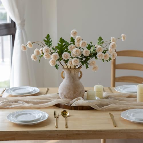 mizii 6Pcs Beige Fake Silk Pompon Mum Artificial Flowers Bulk Small Faux Chrysanthemums with Stems Floral Decorations for Wedding DIY Bouquet Centerpieces Shower Vase Home Decor (Bright Beige) - color: Bright Beige
