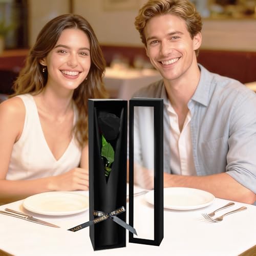Black Single Forever Roses in a Box,Preserved Flowers for Delivery,Preserved Rose Gifts for Women, Real Roses Gift for Her, Mom Birthday Gifts, Mothers Day Flowers,Valentines Flowers,Presents for Her - color: Black-window