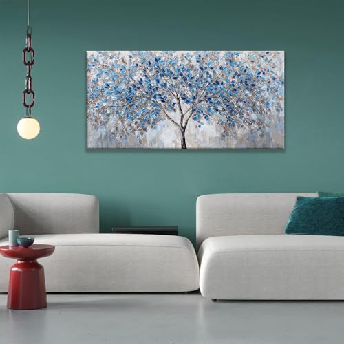 Canvas Wall Art Prints Decor Blue White Tree Leaves Wall Art For Living Room Ready To Hang Canvas Prints Wall Decor For Kitchen Bedroom Office 24x48 Inch - color: White Blue, size: 48"L x 24"W