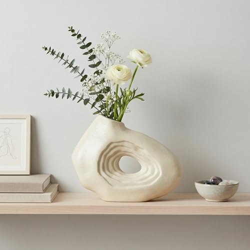 Sunddo Donut Vase, 7 Inch White Ceramic Vase for Modern Home Decor - Small Boho Style Decorative Vase for Flowers, Bathroom, Desk, Kitchen Table, Shelf Centerpiece - color: White, size: 7 inch