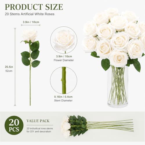 20 Pcs Artificial White Roses, Real Touch Silk Flowers for Home Decor, Wedding Centerpieces, Bouquets, Crafts & DIY Floral Arrangements, 20 Inches Tall