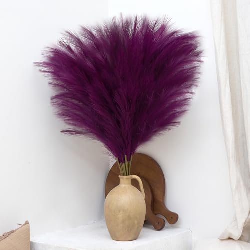10 Pcs 39''/3.2FT Faux Pampas Grass Decor, Large Tall Fluffy Artificial Fake Flower, Bedroom Decor Boho Decor Pompas Floral for Vase Filler Farmhouse Home Wedding Decor (Purple) - color: Purple
