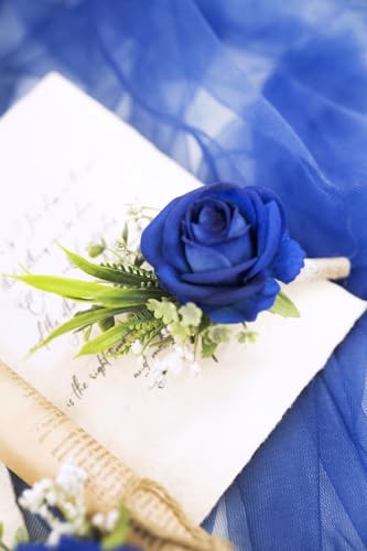 Ansofi Royal Blue Corsage and Boutonniere Set Artificial Rose Flower Wrist Corsage and Boutineers for Groom Groomsmen Bride Bridesmaids Prom Rustic Vintage Wedding Decor - color: Royal Blue