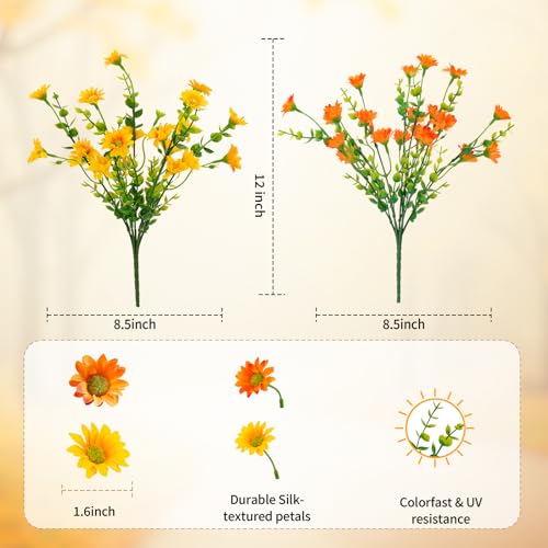 Artificial Mums Fall Fake Flowers for Outdoors, 10 Bundles Faux Mums Autumn Decorations,UV Resistant Silk Flowers for Outside Front Porch Garden Patio Home Planters Decor (Yellow & Orange) - color: Yellow & Orange