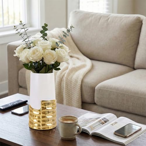 LCCCK 7.0" Gold Hammered Vase Home Decor, Elegant Ceramic White and Gold Flower Vase for Pampas Grass Decorative, Boho Small Cylinder Vases Centerpiece, Dining Table Living Room Jarrones Art - color: White and Gold