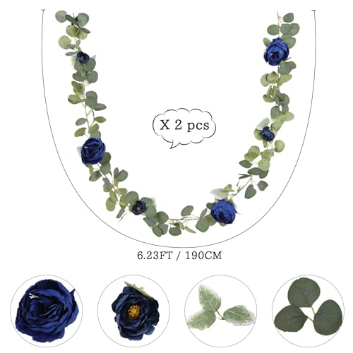 2 Pcs Royal Blue Artificial Peony Flower Garland 6.2ft/Piece Silk Faux Eucalyptus Greenery Garland with Peonies for Wedding Arch Backdrop Party Mantle Home Table Decoration (Royal Blue) - color: Royal Blue