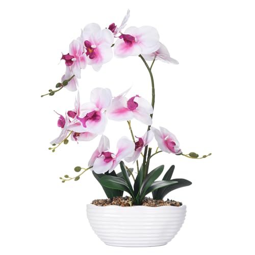 19" H Phalaenopsis Faux Orchid Plant Silk Orchid Centerpiece Artificial Floral Arrangement in Ceramic Pot (White and Pink) - color: White and Pink