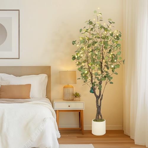 GarveeHome Artificial Eucalyptus Tree Indoor, 5 ft Tall Fake Artificial Plant with White Planter，Large Faux Floor Plant Fake Silk Trees Artificial Trees for Home Decor Indoor - size: 5ft