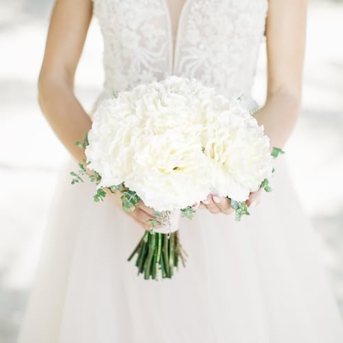 IPOPU White Carnations Artificial Flowers,6PCS Real Touch Fake Carnations 20'' Long Stem Faux Flowers for Tall Vases Home Wedding Party Table Centerpieces Decor (White) - color: White
