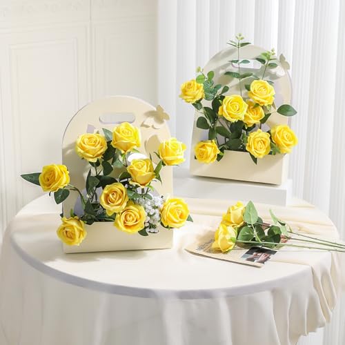 Hawesome 12PCS Artificial Flowers Fake Roses, Realistic Velvet Long Stem Red Roses Bouquet for Wedding Centerpiece Home Decor Party & Valentines (Yellow) - color: Yellow