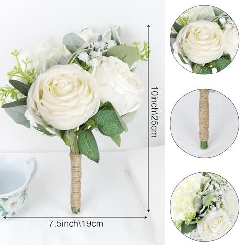 SEMONONIA Wedding Bridesmaid Bouquet Flower 1 Pack - Ivory White Artificial Flowers Bouquet Rustic Small Floral Centerpieces for Marriage Proposal Party Anniversary Dining Table Decorations -7inch - color: White, size: 1pcs Bouquets