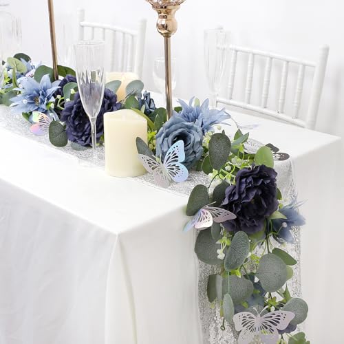 Eucalyptus Garland with Flowers - 4 Pack 5.9 FT Fake Flower Garland with Butterflies Faux Rose Greenery Garlands for Wedding Table Backdrop Arch Centerpieces Decorations - Navy Blue - color: Navy Blue, size: 4 Pack