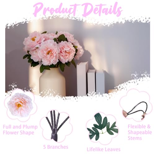 Light Pink Premium Silk Artificial Peonies, 2 Bouquets (10 Large 5.12" Heads), 13.78" Tall Fake Floral Arrangements for Wedding Centerpieces, Home Decor & Indoor Vase Display - color: Light Pink