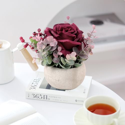 2 Pack Artificial Flowers with Pot, Silk Burgundy Rose Potted Plants Faux Flowers in Vase Small Plants Table Centerpiece Home Office Desk Shelves Living Room Floral Decorations - color: 2 Pack Burgundy Rose