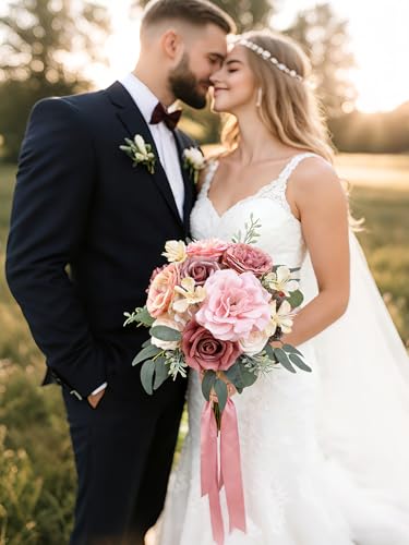 Dusty Rose Artificial Flowers Set - Fake Roses, Peonies, Silk Flowers with Stems for DIY Wedding Bouquets,Floral Arrangement,Table Centerpieces,Baby Shower, Home Decor - color: Garden Dusty Pink Rose