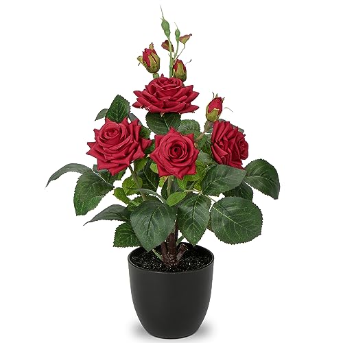 Hollyone Artificial Plants & Flowers in Vase Red Roses Artificial Flowers Potted Plant Faux Silk Flower with Black Pot Fake Rose Flower Arrangement Home Decor Bathroom Shelf Desk Decoration 15 Inch - color: Rose 1 - Red (15inch)