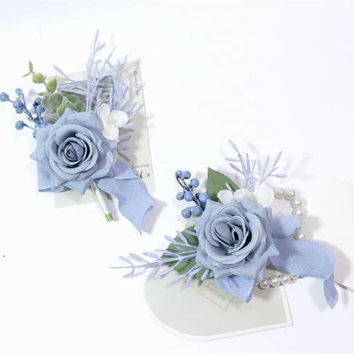 Corsage and Boutonniere Set, Light Blue Rose Wrist Corsage Wristlet Band Bracelet and Groomsmen Groom Men Boutonniere Set for Wedding Flower Accessories Prom Suit Decorations - color: Light Blue