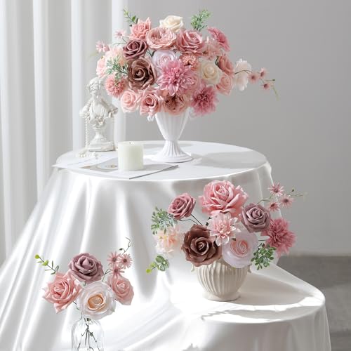 Floweroyal Artificial Flowers Fake Rose Flowers Dahlia with Stems for DIY Wedding Bridal Bouquets, Baby Shower, Floral Arrangement, Table Centerpieces, Home Decorations - color: A Classic Dusty Rose & Dahlia