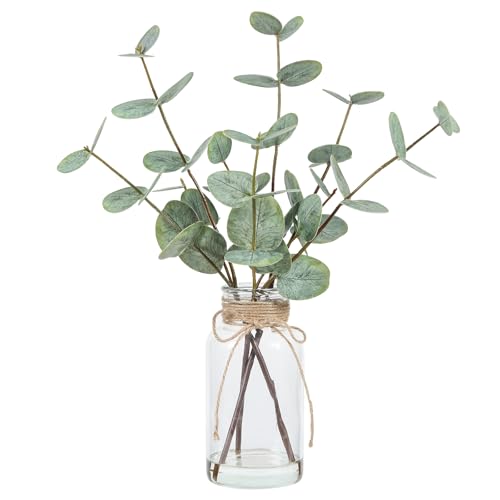 Coferset Artificial Eucalyptus Stems in Glass Vase with Faux Water, 15" Eucalyptus Fake Plants with Double-Sided Green Leaves for Home, Bathroom, Office, Farmhouse, Shelf Coffee Table Decor - color: Green-2