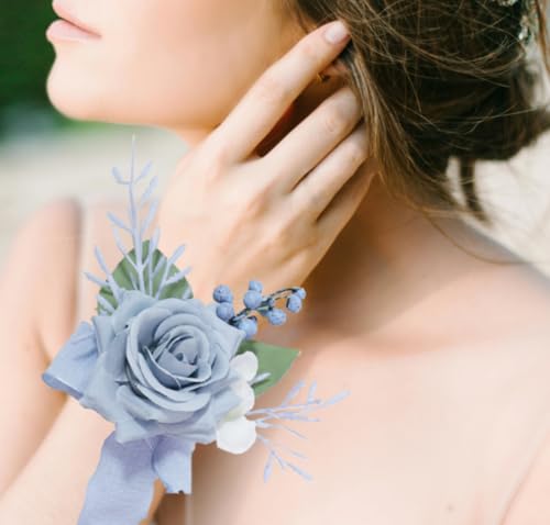 Corsage and Boutonniere Set, Light Blue Rose Wrist Corsage Wristlet Band Bracelet and Groomsmen Groom Men Boutonniere Set for Wedding Flower Accessories Prom Suit Decorations - color: Light Blue