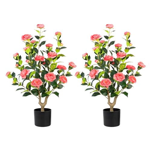 Artificial Camellia Tree 2 Pack - Realistic Camellia Plants in Pot with Pink Flowers, Lifelike Faux Greenery for Living Room, Patio, or Wedding,Pink - color: 2 Pack Pink