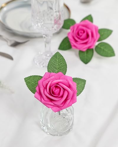 DuHouse 25Pcs Artificial Roses Flowers Fake Roses with Stems Real Touch Foam Flowers for DIY Wedding Bouquet Centerpiece Floral Arrangement Party Home Decor (Hot Pink) - color: Hot Pink, size: 25pcs