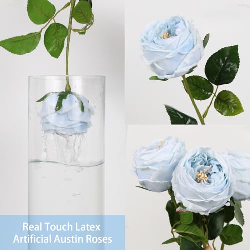 IPOPU Blue Roses Artificial Flowers 5PCS Real Touch Peonies Faux Austin Roses with Stems for Wedding Bouquet Party Home Decor (Blue) - color: Blue