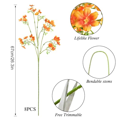 8PCS Silk Flowers with Long Stems, Fake Flowers Bulk Fake Babys Breath, Royal Orange Flowers Artificial Flowers for Tall Vase Indoor Outdoor Garden Wedding Party Home Table Centerpiece - color: Orange