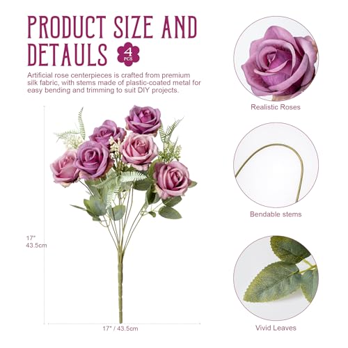 Fake Roses Purple Roses Artificial Roses Silk Roses Artificial Roses with Stems 24 Full Flower Heads Faux Roses for Outdoor Indoor Centerpieces home Wedding Farmhouse Decoration No Vase (4PCS,Purple) - color: Purple 4pcs