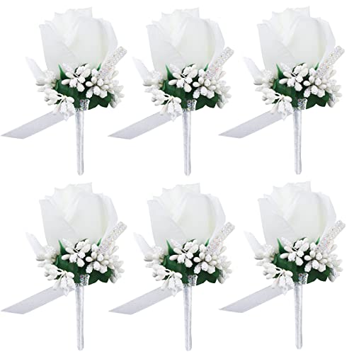 White Wedding Rose Boutonniere with Pins for Men Wedding Best Man Groomsmen Corsage Groom Boutonnieres for Ceremony Party Prom (Boutonniere- White, 6 Packs) - color: Boutonniere- White, size: 6 Packs