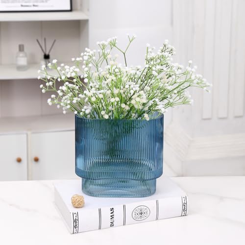 Ribbed Glass Vase, Blue Glass Vase, Fluted Short Vases for Flowers, Modern Vases for Living Room, Dining Room, Bathroom, Desk, Shelf, Wedding, Office, 7 Inches - color: Blue, size: Oval 7 Inches