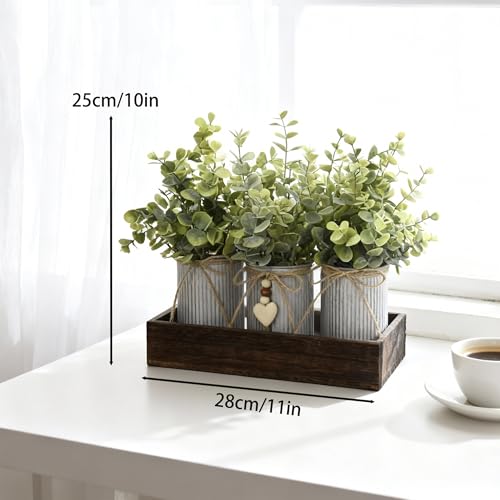 Artificial Flower Decorative Centerpiece, Frosty Green Eucalyptus Table Arrangement with 3 Rustic Metal Pots and Wood Tray for Farmhouse Home Décor - style: Eucalyptus