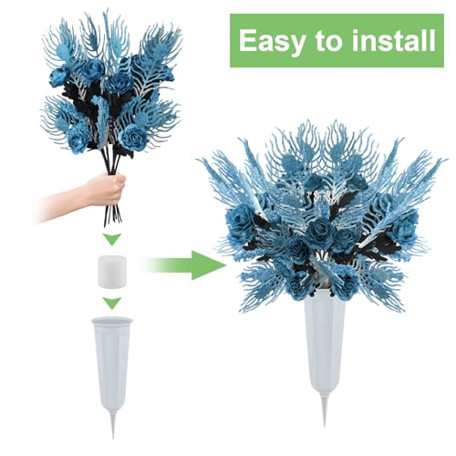 Cemetery Artificial Flowers with Vase Angel Mark - 2 Set Artificial Blue Rose Grave Memorial Flowers- Prayer & Trumpet Angel Pendant for Headstones Gravesite Decoration - color: Blue Ym