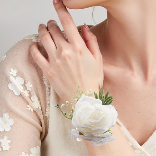 2Pcs White Rose Corsage Wristlet and Boutonniere for Men Set - Perfect For Prom Decorations Weddings Party Suit Flower Accessories - color: White Rose