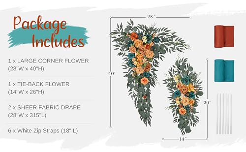 Wedding Arch Flowers with Drapes Kit (Pack of 4) - 2pcs Artificial Teal Orange Fall Deluxe Swag with 2pcs Sheer Drapes for Wedding Ceremony Arbor Reception Backdrop Rose Floral Decoration - color: Teal & Burnt Orange