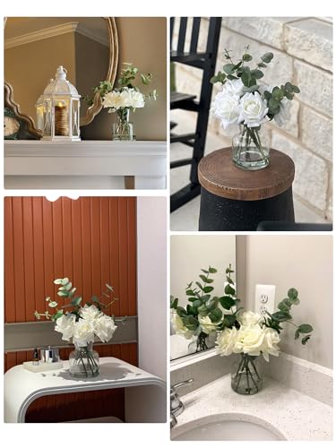 14" Artificial Flowers with White Roses in Vase, Fake Flowers in Artificial Water Vase, Silk Flower Arrangements with Artificial Flowers for Home Dining Table Decor.