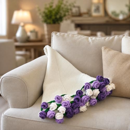 Crochet Flower Bouquet Throw Blanket, Cute Romantic Gift for Her Girlfriend Mom Mother’s Day Valentine Wedding Anniversary Birthday (Purple, 40 inches) - color: Purple, size: 40 inches