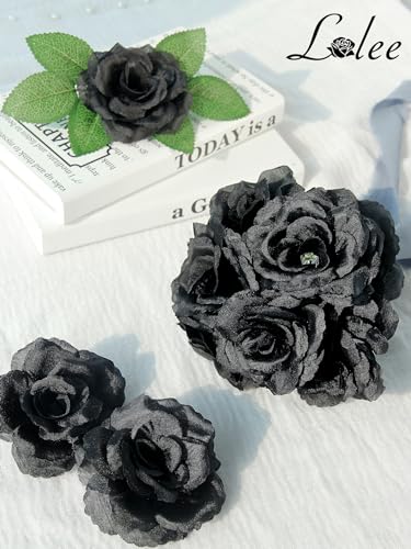 LELEE Rose Head Flowers with Stem - 108pcs Black Roses Artificial Flowers Bulk - Silk Rose Fake Flower for Bridal Gothic Wedding Bouquet Party Home Decor DIY Centerpieces Hotel Decorations - color: Black