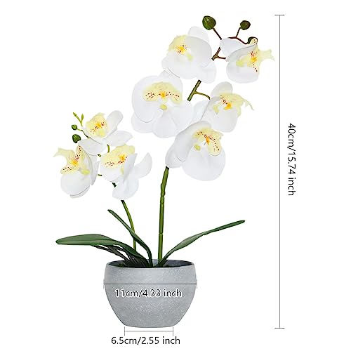 White Orchid Artificial Flowers 2 Stems in Grey Pot, Potted Faux Orchid Flower for Home Bathroom Table Living Room Office Kitchen Decor - color: White