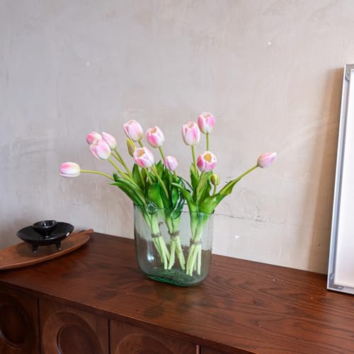 Artificial Tulips Flowers,Soft Touch Latex Bouquet, Fake Tulips,Spring Wedding Home Room Table Centerpiece Decor - color: 15pcs Peach Pink(no Vase)