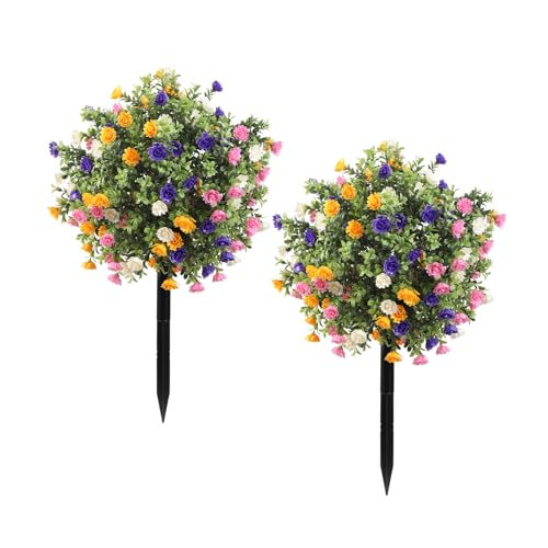 Artificial Topiary Bushes with Ground Spike Set of 2, Faux Boxwood Ball Trees for Outdoor, Fake Shrubs Bushes Decorations for Indoor Front Porch Garden - UV Resistant Faux Plants - Multicolor Flowers - color: Multicolor