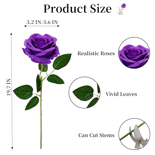 10 Pcs Purple Rose Artificial Flower, Faux Silk Flowers With Long Stems, Fake Roses Bulk Bouquet for Decoration Valentine's Day Centerpieces Proposal Bridal Bouquets Shower Party Home Floral Decor - color: Purple