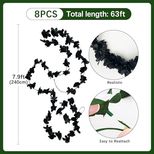 8Pcs 63Ft Black Rose Garland, Fake Flower Vines, Artificial Vine Flowers, Rose Hanging Garland for Party Wedding, Garden, Room Table, Halloween, Backdrop Wall Arch Decor - color: Black, size: 8Pcs-63Ft